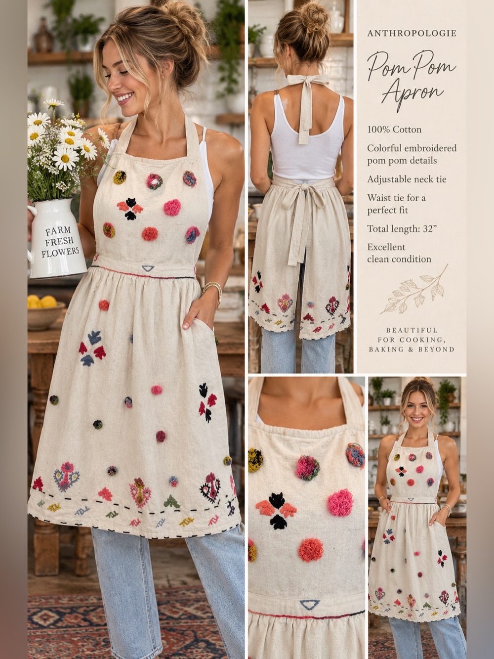 Anthropologie Bohemian Embroidered Cream Cotton Apron w/ Floral Embroidery